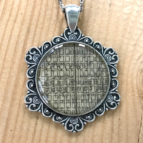 Algiers Vintage Map Pendant by Emily McDonald | Silver plated copper, epoxy resin, vintage map, stainless steel chain Algiers Vintage Map Pendant
